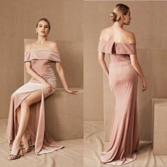 NWT! BHLDN "Fawn" Off Shoulder Velvet Maxi Dress with High Slit - Rose Color - Picture 1 of 10